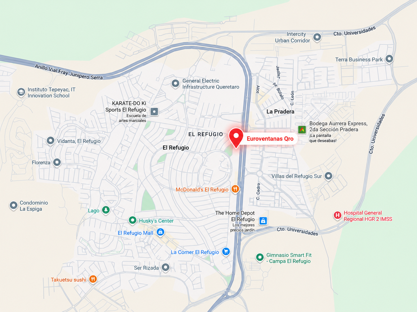 Ubicación Euroventanas Querétaro — Av. Fray Junípero Serra 10100, El Refugio